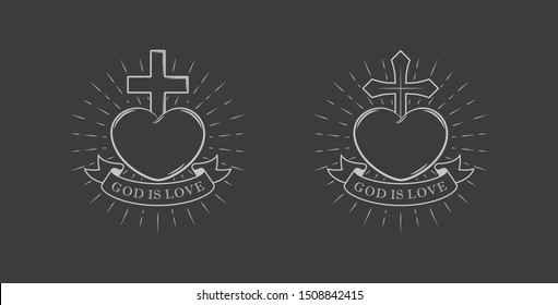 Black and white illustration of a cross heart with rays and a banner with text. Vector illustration on a religious Christian theme