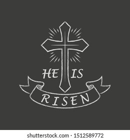 Black and white illustration of a cross with rays and a banner with text drawn in chalk. Vector illustration on a religious theme. Christian symbols