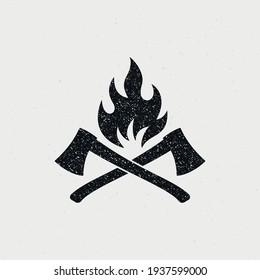 Ilustración en blanco y negro de ejes cruzados, fuego sobre un fondo con una textura. Ilustración vectorial en estilo vintage con textura de grunge para emblema, impresión, etiqueta, placa y pegatina.