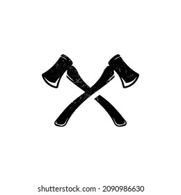 Black and white illustration of crossed axes, fire on a background with a texture. Vector illustration in vintage style with grunge texture for emblem, print, label, badge and sticker.