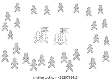 Ilustración en blanco y negro de una multitud con dos figuras sosteniendo banderas LGBTQ. Perfecto para colorear y proyectos LGBTQ plus pride.