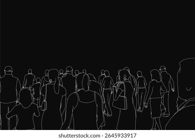 A black and white illustration of a crowd walking down a street, depicted in a single file line with some carrying bags. The background is solid black, emphasizing the figures.