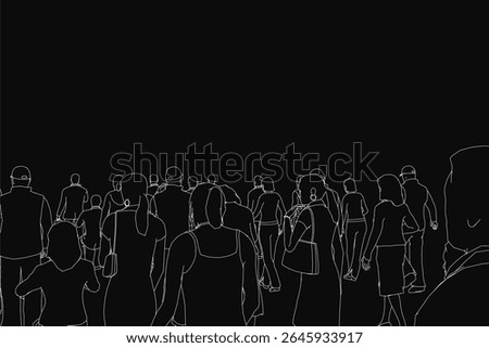 A black and white illustration of a crowd walking down a street, depicted in a single file line with some carrying bags. The background is solid black, emphasizing the figures.