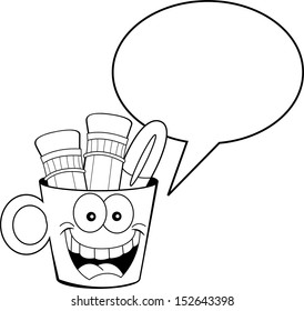 Black and white illustration of a cup holding pencils and a pen with a caption balloon.