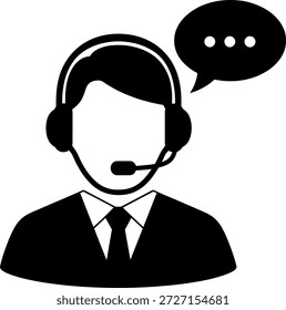 Ilustração em preto e branco de um representante do suporte ao cliente usando um fone de ouvido e falando ao microfone. O representante está vestido com trajes formais e é retratado com uma bolha de fala contendo pontos, indicando comunicação ativa.
