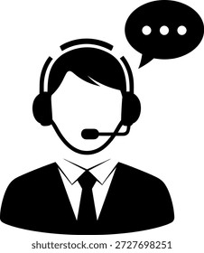 Ilustração em preto e branco de um representante do suporte ao cliente usando um fone de ouvido e falando ao microfone. O representante está vestido com terno e gravata e tem um balão de fala indicando comunicação.