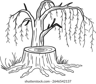 Black and white illustration of a cut tree stump beside a drooping willow tree. Nature-themed sketch perfect for educational or environmental content. Ideal for coloring pages or eco-awareness design.