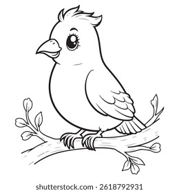 Black and white illustration of a cute bird sitting on a branch. Simple line art suitable for coloring pages.