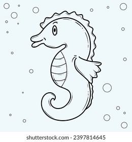 Black and white illustration of a cute cartoon seahorse with bubbles, suitable for coloring books