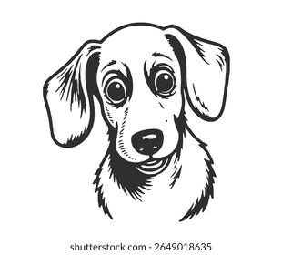 A black and white illustration of a cute dachshund puppy with big, expressive eyes and floppy ears.
