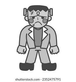 Black and white illustration of a cute deformed sad Frankenstein.