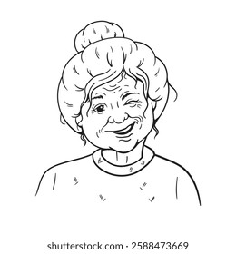 Black and white illustration of a cute elderly woman winking with one eye. Outline drawing for coloring, stickers, postcards for grandma on March 8