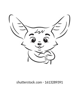 Black and white illustration of cute enamoured fennec fox who presses paws to his breast. Passion cartoon heart beats under paws. Funny emotion, feeling and face expression