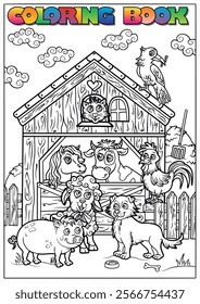 Black and white illustration of cute farm animals posing in front of a barn, ready to be colored.