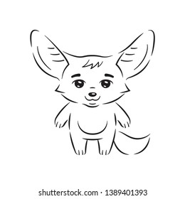 Black and white illustration of cute fennec fox who calmly stands with smile. Amusing kawaii cartoon character. Funny emotion and face expression. Isolated on white background