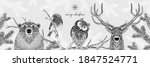 Black and white illustration of cute forest animals in winter - Hand drawn Christmas banner