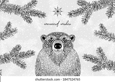 Black and white illustration of a cute furry bear in winter - Hand drawn Christmas card template - Warmest Wishes