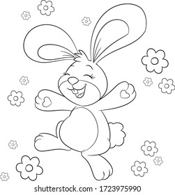 Black and white illustration of a cute little happy and cheerful rabbit, surrounded by flowers, perfect for children`s coloring book or Easter card