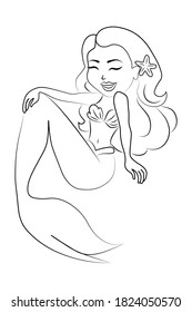 Black and white illustration of cute mermaid, line drawing, underwater life. Hand drawn vector element for decoration, print, web design