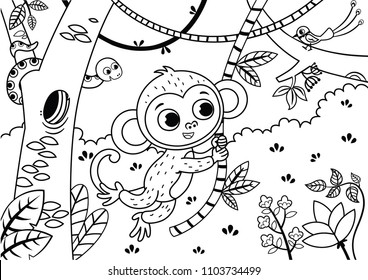 Black and white illustration of a cute monkey in the jungle. Vector illustration.