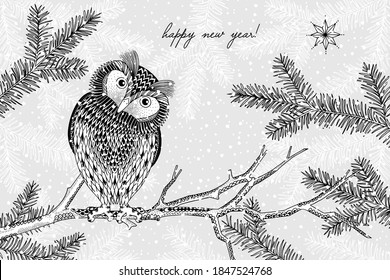 Black and white illustration of a cute owl in winter - Hand drawn Christmas card template - Happy New Year