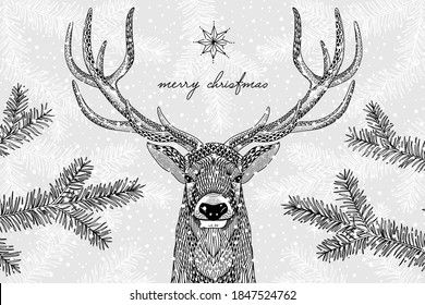 Black and white illustration of a cute reindeer in winter - Hand drawn Christmas card template - Merry Christmas