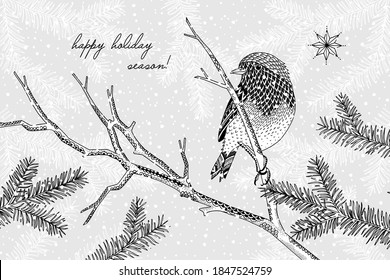 Black and white illustration of a cute robin in winter - Hand drawn Christmas card template - Happy Holiday Season