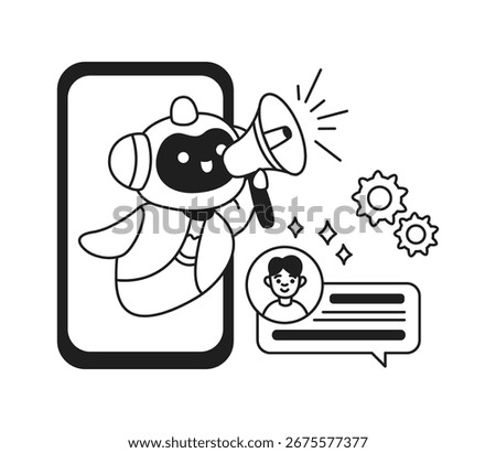 Black and white illustration of a cute robot holding a megaphone. It interacts with a speech bubble and gears, symbolizing communication and technology.