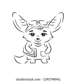 Black and white illustration of cute stylish dressed female fennec fox with clutch bag and sunglasses. Funny kawaii cartoon character. Isolated on white background