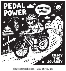 Black and white illustration of a cyclist riding uphill with motivational text.