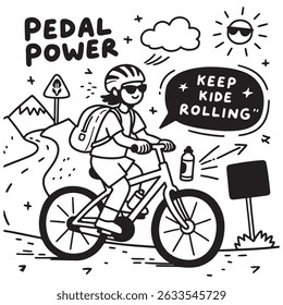 Black and white illustration of a cyclist riding uphill with motivational text.