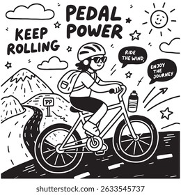 Black and white illustration of a cyclist riding uphill with motivational text.