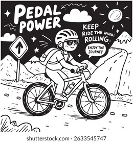 Black and white illustration of a cyclist riding uphill with motivational text.