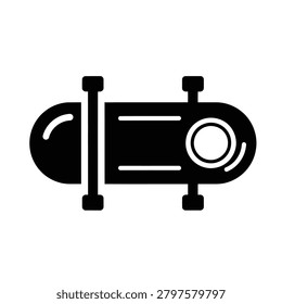 Black and white illustration of a cylinder with rounded ends and protruding bolts