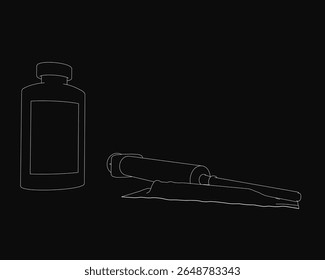 A black and white illustration of a cylindrical bottle with a white label and black cap, paired with a pen on a solid black background. The stark contrast highlights the ampoule and syringe-like.