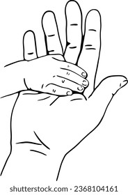 A black and white illustration of a dad holding a baby’s hand in his palm.