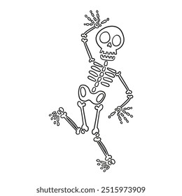 Ilustração em preto e branco de um esqueleto dançante, clipart, página de coloração	
