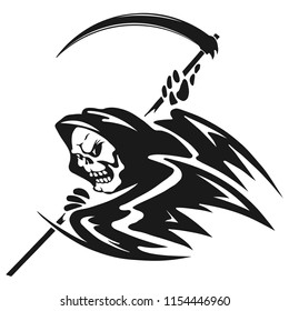 Black and white illustration: death with a scythe. Death with a scythe - drawing for a T-shirt.