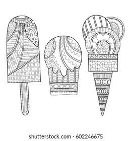 Black And White Illustration Of Decorated Ice Cream For Coloring Book. Dessert, Sweet Food. Vector