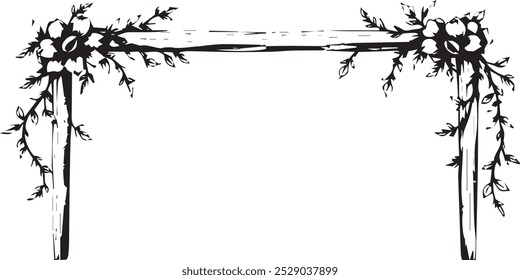 A black and white illustration of a decorative floral frame with a rustic feel.