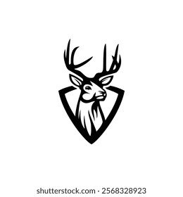 black and white illustration of a deer's head with antlers inside a shield-like shape