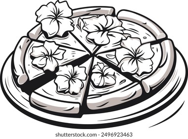 Black and white illustration of a delicious pizza with toppings, perfect for menus, food blogs, and restaurant branding