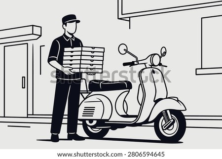 Black and white illustration of a delivery man carrying a stack of pizza boxes next to his motor scooter on the street.