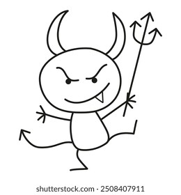 Black and white illustration of a demon raising a trident with his hand, coloring page