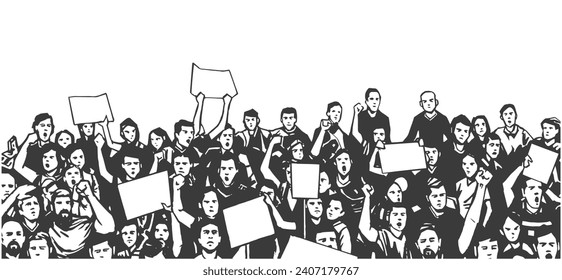 Black and white illustration of demonstrating people