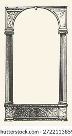 A black and white illustration depicting a classical archway with fluted columns and a decorative base, suitable for framing or borders.