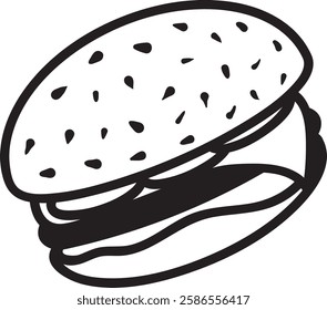 Black and white illustration depicting a hamburger featuring a sesame seed bun, juicy patty, melted cheese, and fresh vegetables, all set against a clean white background