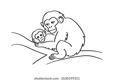 Black and white illustration depicting a mother monkey embracing her baby on a branch
