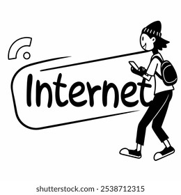 A black and white illustration depicting a person walking with a backpack and a smartphone, while the word 'internet' is prominently displayed in a speech bubble above them.