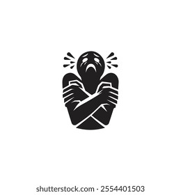 Black and white illustration depicting a person in a gesture of fear or anxiety, with closed eyes and crossed arms. Represents emotional distress and intense feelings.